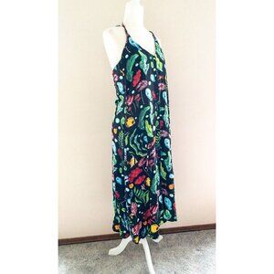 Pepaloves Black Seaside Midi Dress Halter Straps Size S Beach Theme deep sea